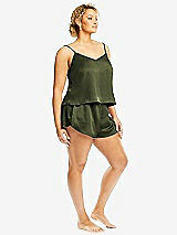 Side View Thumbnail - Olive Green Whisper Satin Lounge Shorts with Pockets