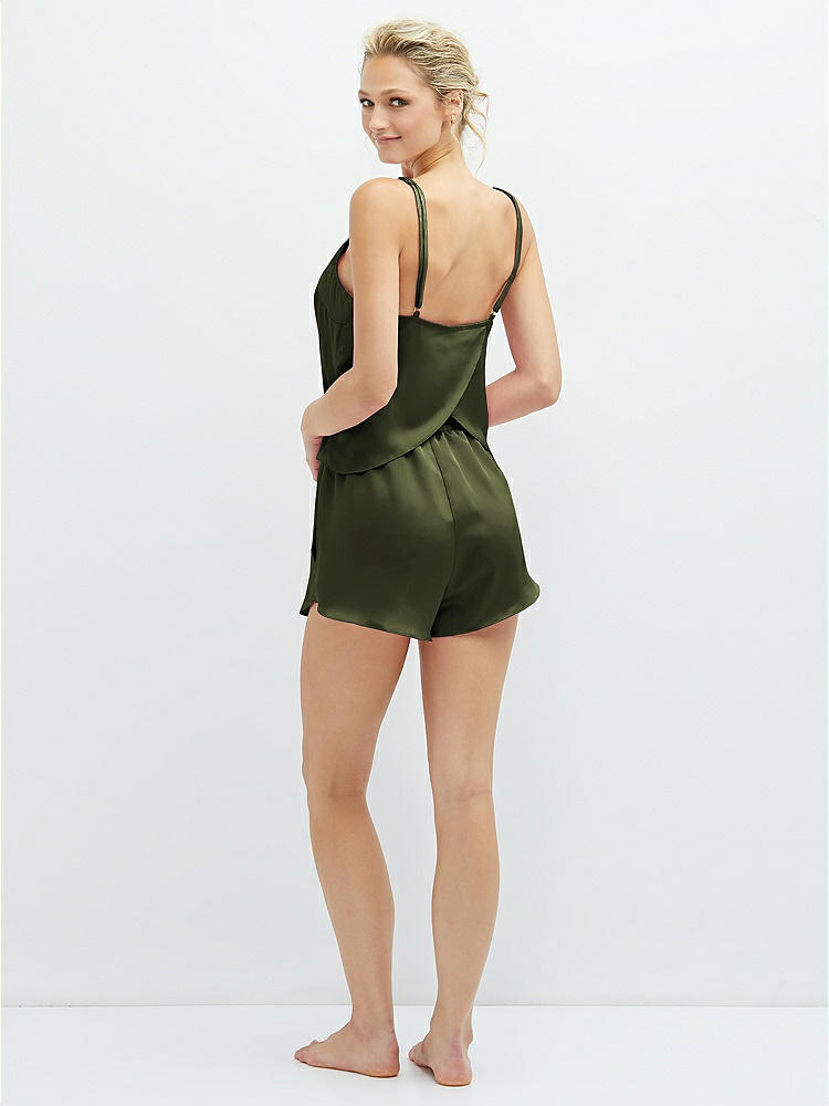 Back View - Olive Green Whisper Satin Lounge Shorts with Pockets