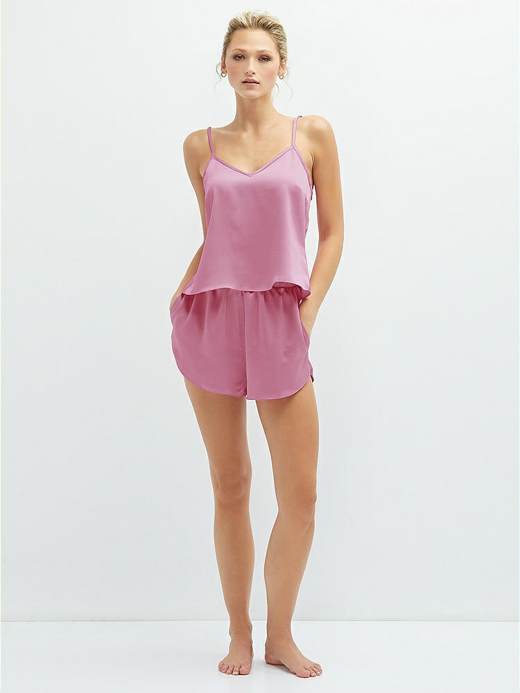 Front View - Powder Pink Whisper Satin Lounge Shorts with Pockets