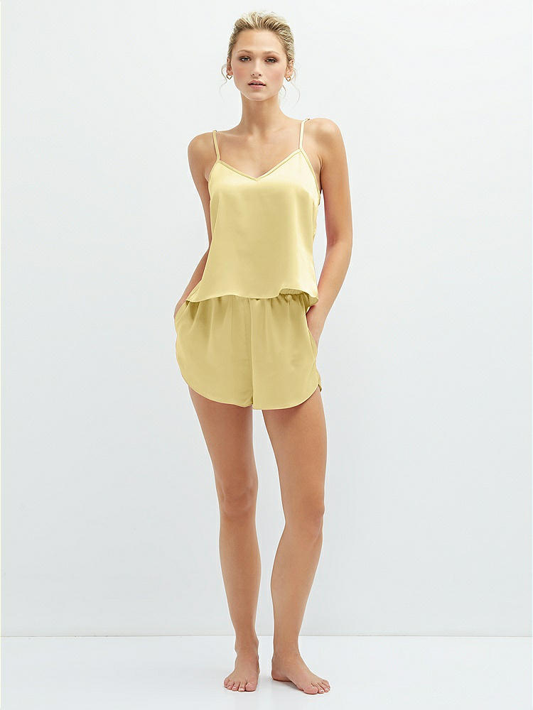 Front View - Pale Yellow Whisper Satin Lounge Shorts with Pockets