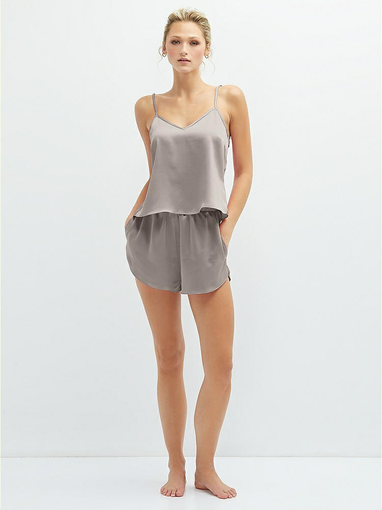 Front View - Taupe Whisper Satin Lounge Shorts with Pockets