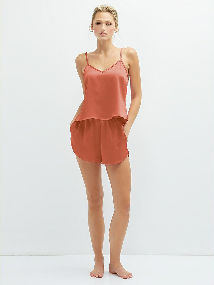 Front View - Terracotta Copper Whisper Satin Lounge Shorts with Pockets