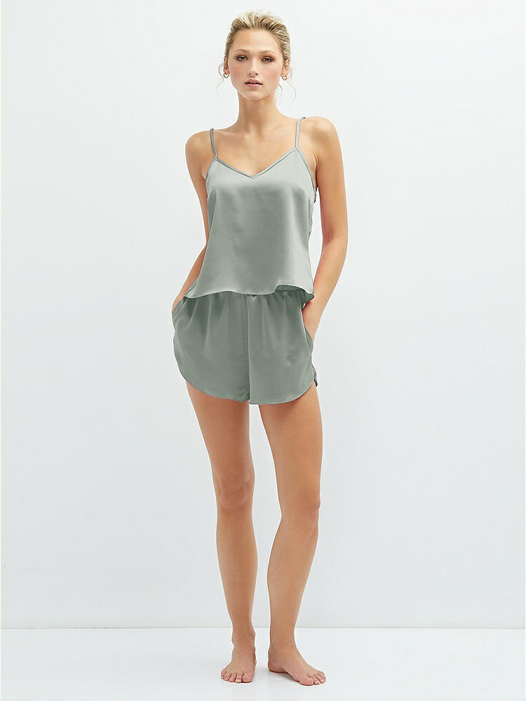 Front View - Willow Green Whisper Satin Lounge Shorts with Pockets