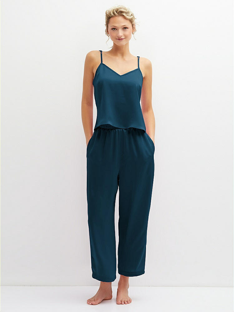 Front View - Atlantic Blue Whisper Satin Wide-Leg Lounge Pants with Pockets