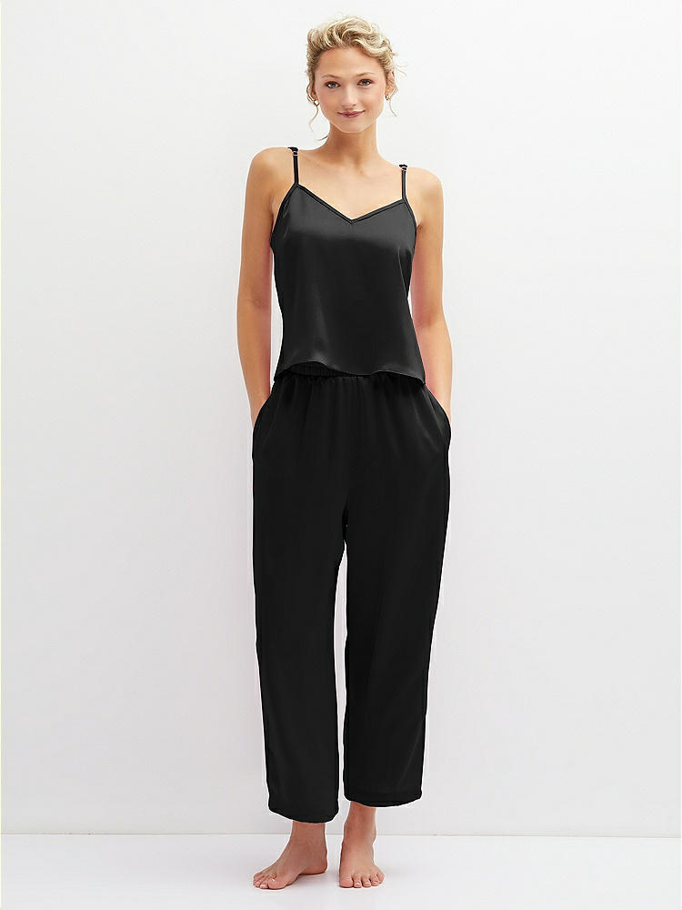 Front View - Black Whisper Satin Wide-Leg Lounge Pants with Pockets