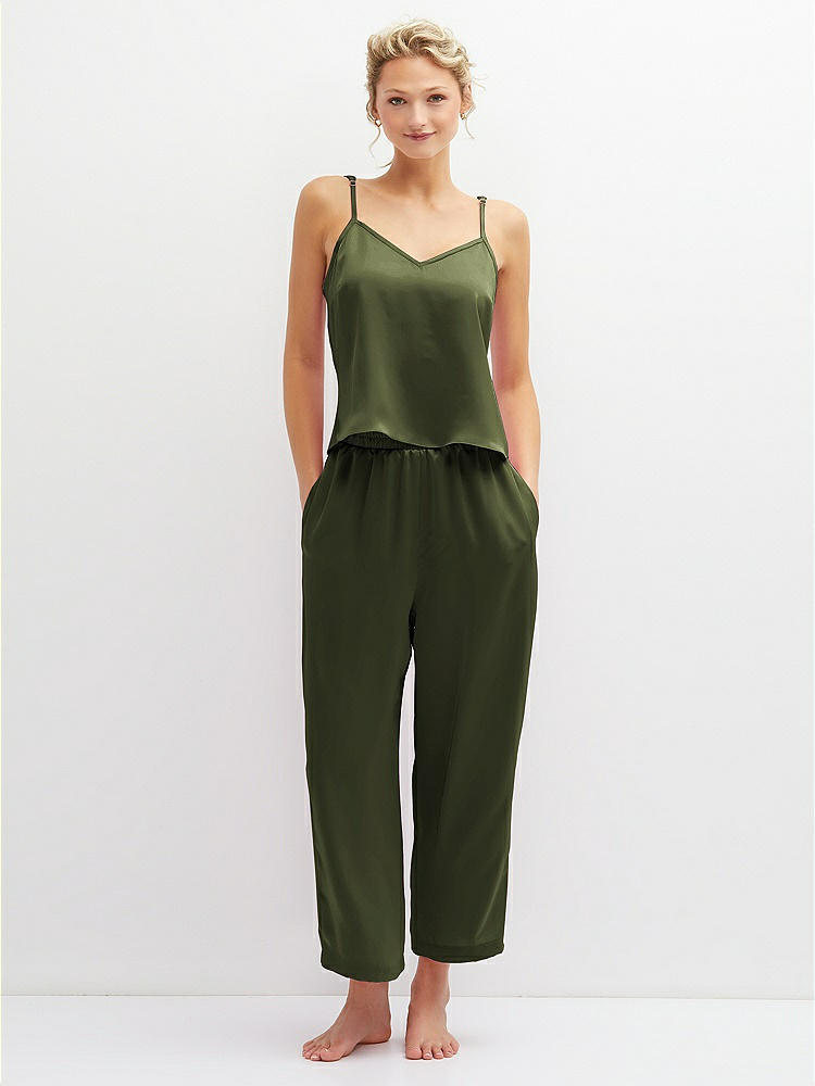 Front View - Olive Green Whisper Satin Wide-Leg Lounge Pants with Pockets