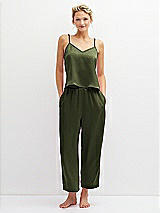 Front View Thumbnail - Olive Green Whisper Satin Wide-Leg Lounge Pants with Pockets