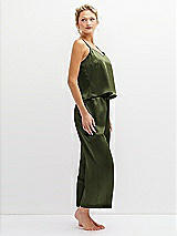 Side View Thumbnail - Olive Green Whisper Satin Wide-Leg Lounge Pants with Pockets