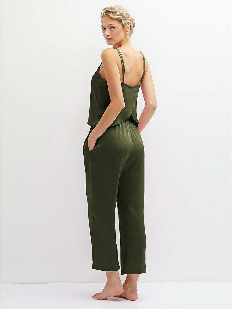 Back View - Olive Green Whisper Satin Wide-Leg Lounge Pants with Pockets