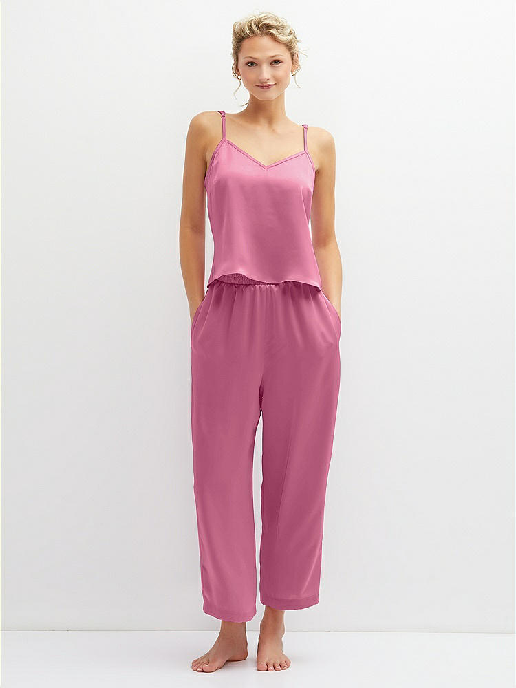 Front View - Orchid Pink Whisper Satin Wide-Leg Lounge Pants with Pockets