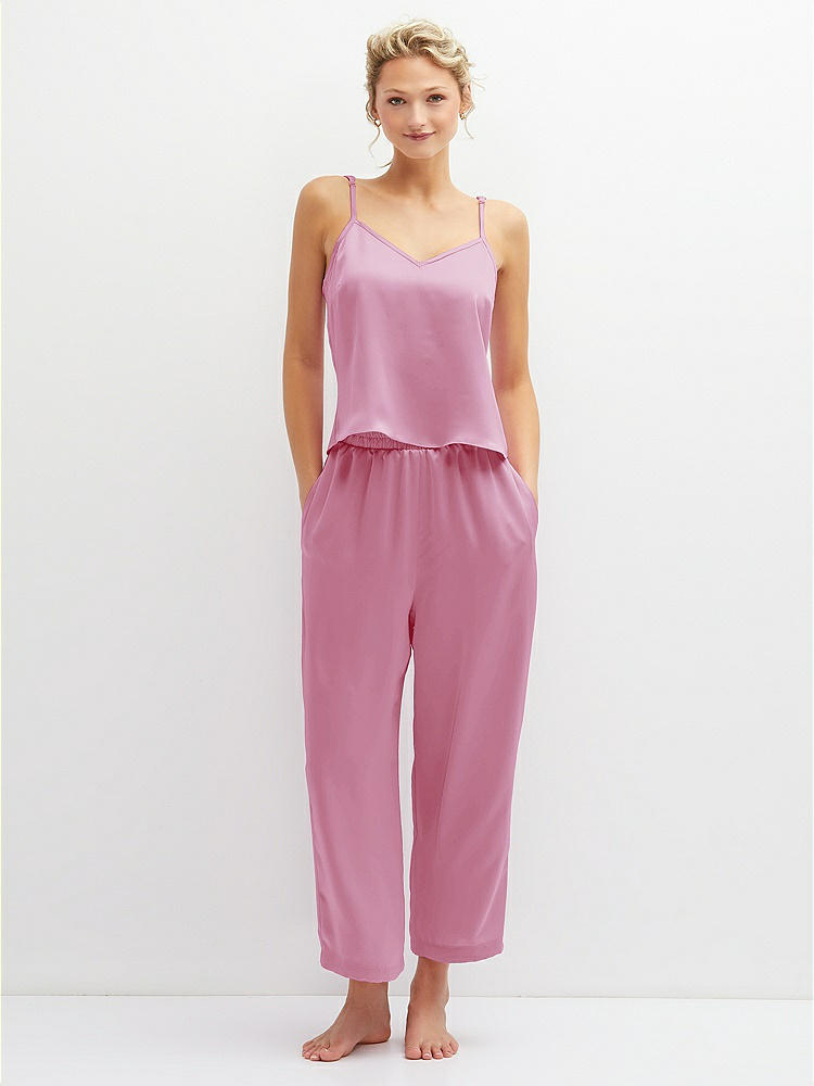 Front View - Powder Pink Whisper Satin Wide-Leg Lounge Pants with Pockets