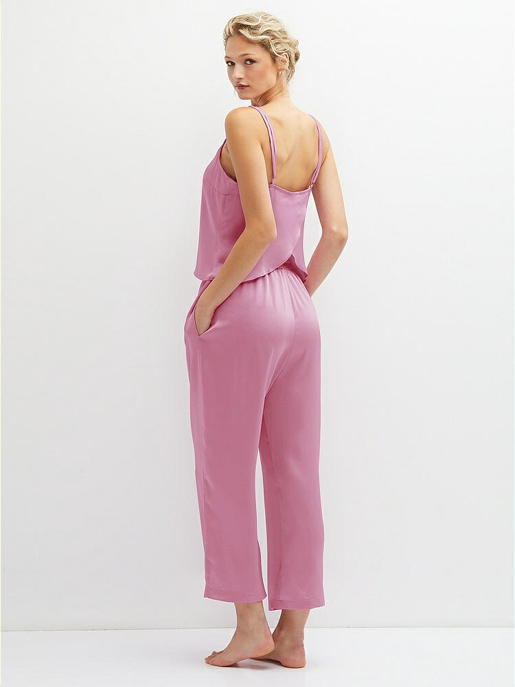 Back View - Powder Pink Whisper Satin Wide-Leg Lounge Pants with Pockets