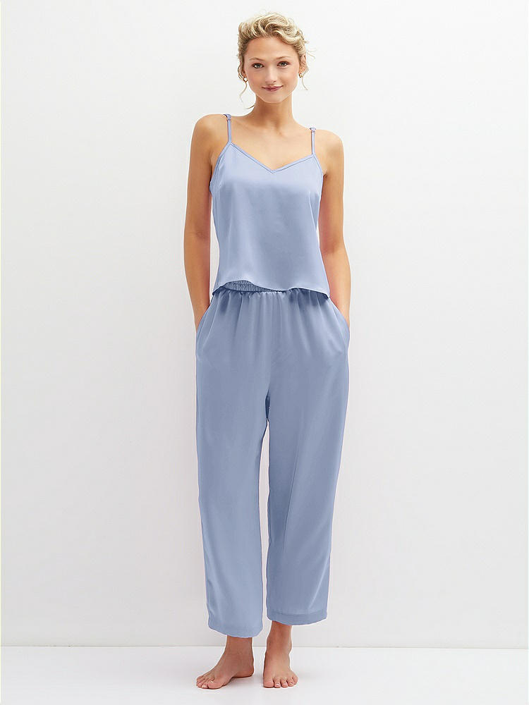Front View - Sky Blue Whisper Satin Wide-Leg Lounge Pants with Pockets