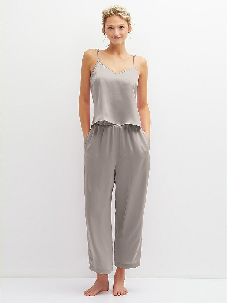 Front View - Taupe Whisper Satin Wide-Leg Lounge Pants with Pockets