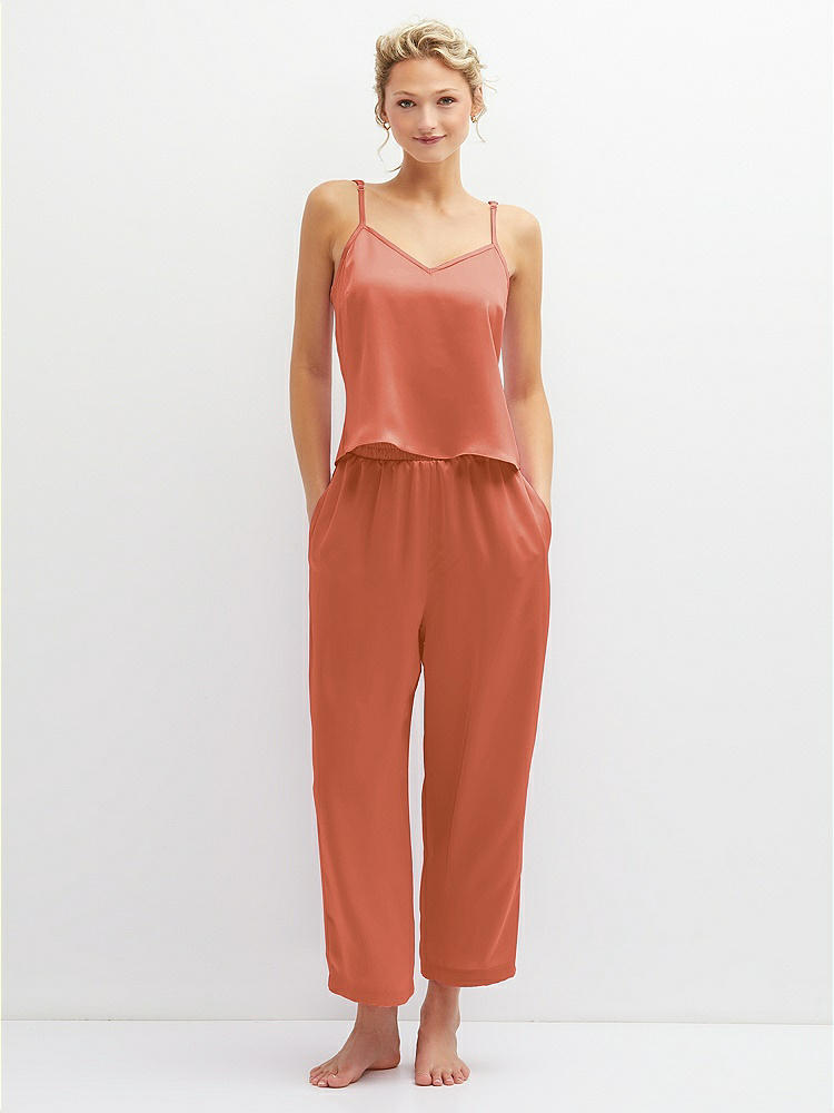 Front View - Terracotta Copper Whisper Satin Wide-Leg Lounge Pants with Pockets