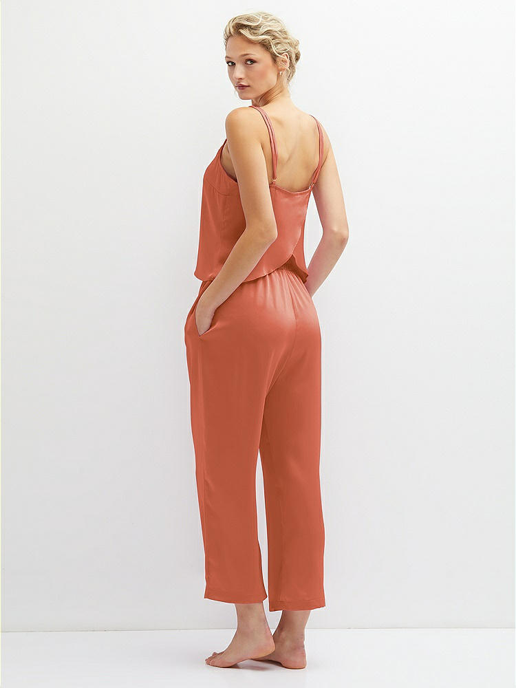 Back View - Terracotta Copper Whisper Satin Wide-Leg Lounge Pants with Pockets