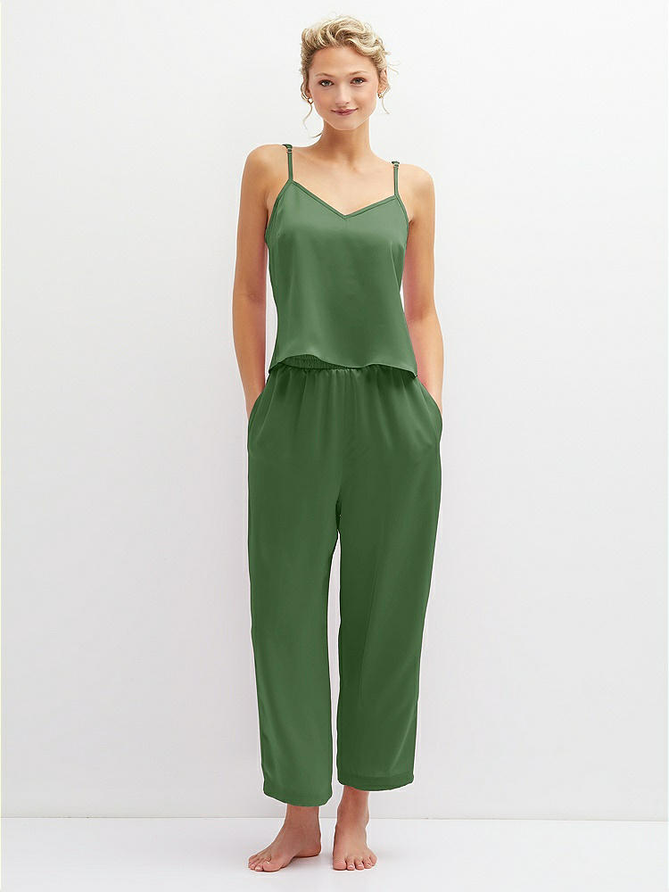 Front View - Vineyard Green Whisper Satin Wide-Leg Lounge Pants with Pockets