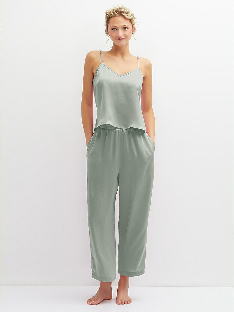Front View - Willow Green Whisper Satin Wide-Leg Lounge Pants with Pockets