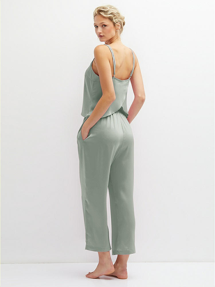 Back View - Willow Green Whisper Satin Wide-Leg Lounge Pants with Pockets