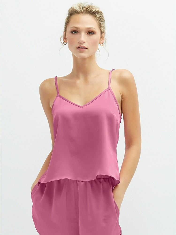 Front View - Orchid Pink Split Back Whisper Satin Cami Top