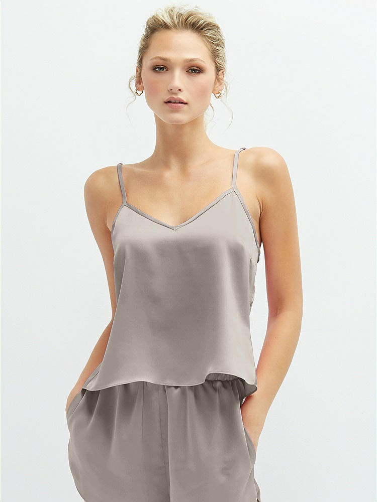 Front View - Taupe Split Back Whisper Satin Cami Top