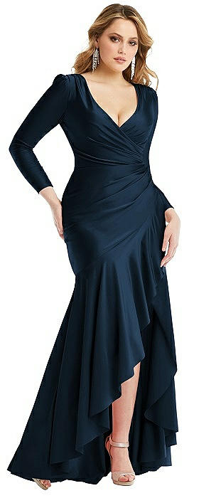 Long Sleeve Pleated Wrap Ruffled High Low Stretch Satin Gown