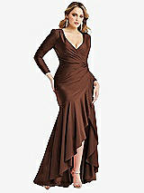 Front View Thumbnail - Cognac Long Sleeve Pleated Wrap Ruffled High Low Stretch Satin Gown
