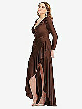 Side View Thumbnail - Cognac Long Sleeve Pleated Wrap Ruffled High Low Stretch Satin Gown