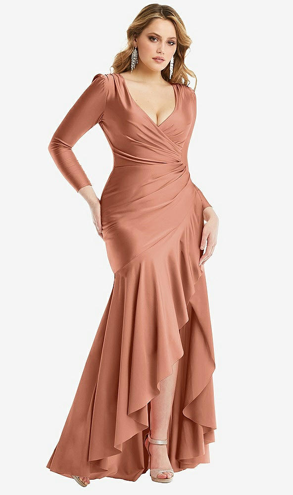 Front View - Copper Penny Long Sleeve Pleated Wrap Ruffled High Low Stretch Satin Gown