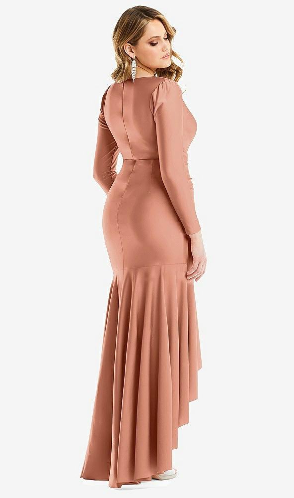 Back View - Copper Penny Long Sleeve Pleated Wrap Ruffled High Low Stretch Satin Gown