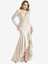 Front View Thumbnail - Oat Long Sleeve Pleated Wrap Ruffled High Low Stretch Satin Gown