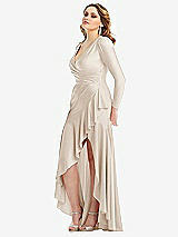 Side View Thumbnail - Oat Long Sleeve Pleated Wrap Ruffled High Low Stretch Satin Gown