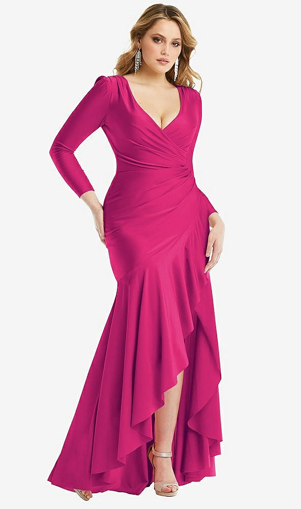 Front View - Think Pink Long Sleeve Pleated Wrap Ruffled High Low Stretch Satin Gown