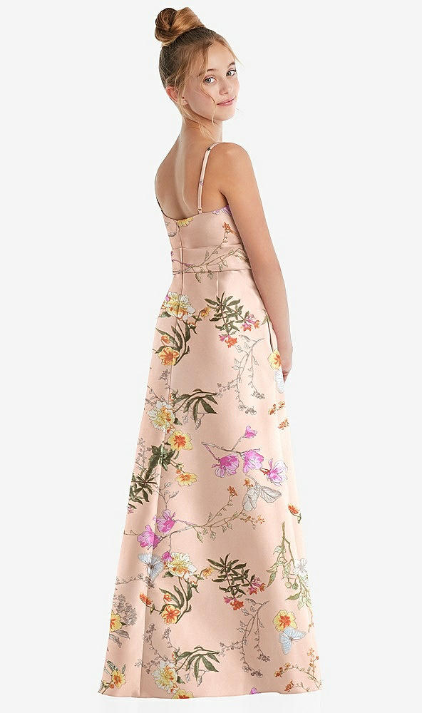 Back View - Butterfly Botanica Pink Sand Floral A-Line Satin Junior Bridesmaid Dress with Mini Sash