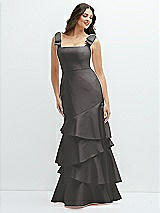 Side View Thumbnail - Caviar Gray Bow-Shoulder Satin Maxi Dress with Asymmetrical Tiered Skirt