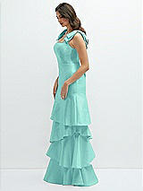 Front View Thumbnail - Coastal Bow-Shoulder Satin Maxi Dress with Asymmetrical Tiered Skirt