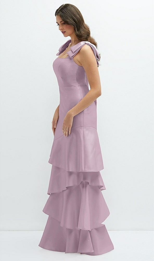 Front View - Suede Rose Bow-Shoulder Satin Maxi Dress with Asymmetrical Tiered Skirt