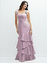 Side View Thumbnail - Suede Rose Bow-Shoulder Satin Maxi Dress with Asymmetrical Tiered Skirt