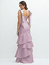 Rear View Thumbnail - Suede Rose Bow-Shoulder Satin Maxi Dress with Asymmetrical Tiered Skirt