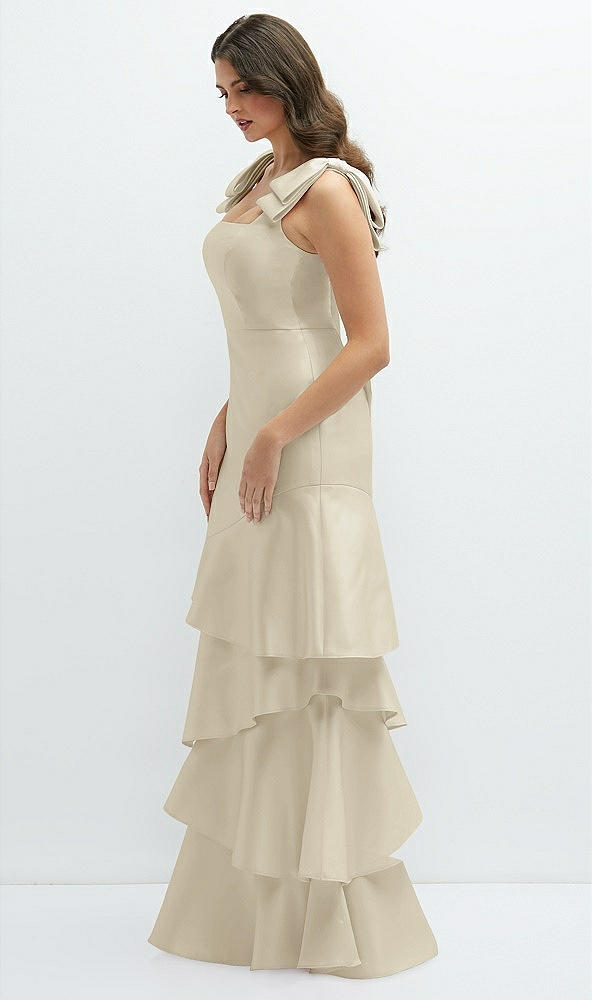 Front View - Champagne Bow-Shoulder Satin Maxi Dress with Asymmetrical Tiered Skirt