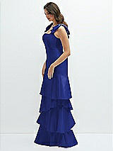Front View Thumbnail - Cobalt Blue Bow-Shoulder Satin Maxi Dress with Asymmetrical Tiered Skirt
