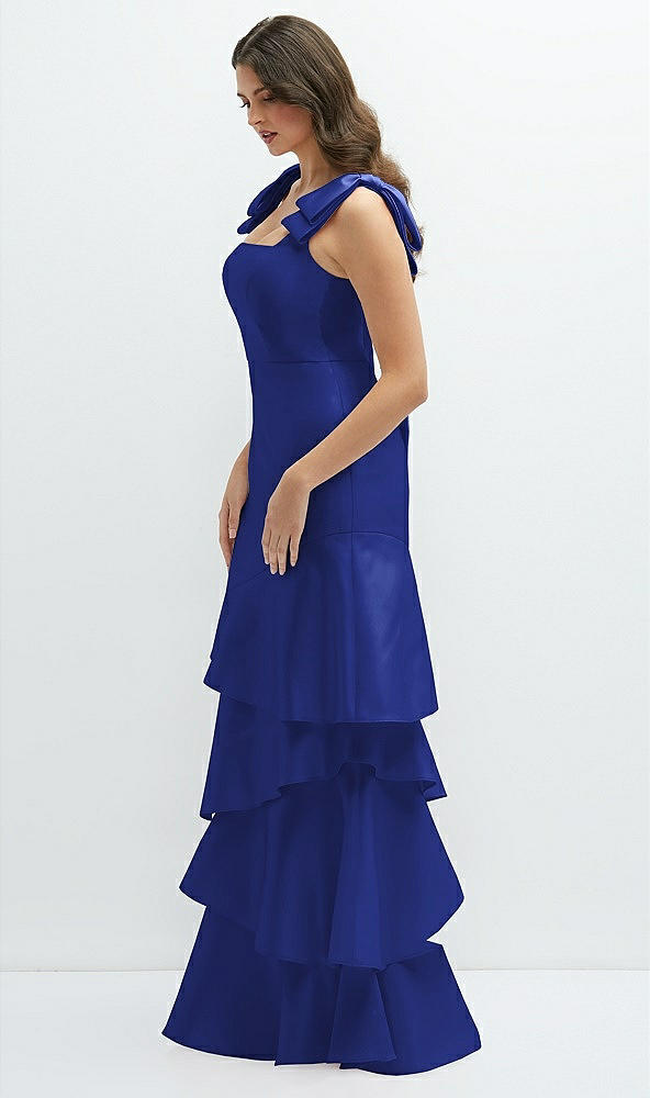 Front View - Cobalt Blue Bow-Shoulder Satin Maxi Dress with Asymmetrical Tiered Skirt