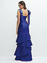 Rear View Thumbnail - Cobalt Blue Bow-Shoulder Satin Maxi Dress with Asymmetrical Tiered Skirt