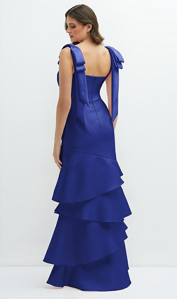 Back View - Cobalt Blue Bow-Shoulder Satin Maxi Dress with Asymmetrical Tiered Skirt