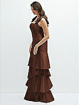 Front View Thumbnail - Cognac Bow-Shoulder Satin Maxi Dress with Asymmetrical Tiered Skirt
