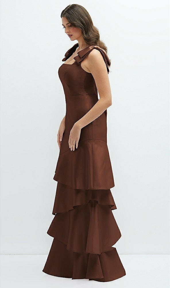 Front View - Cognac Bow-Shoulder Satin Maxi Dress with Asymmetrical Tiered Skirt