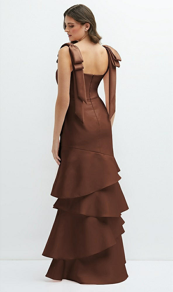 Back View - Cognac Bow-Shoulder Satin Maxi Dress with Asymmetrical Tiered Skirt