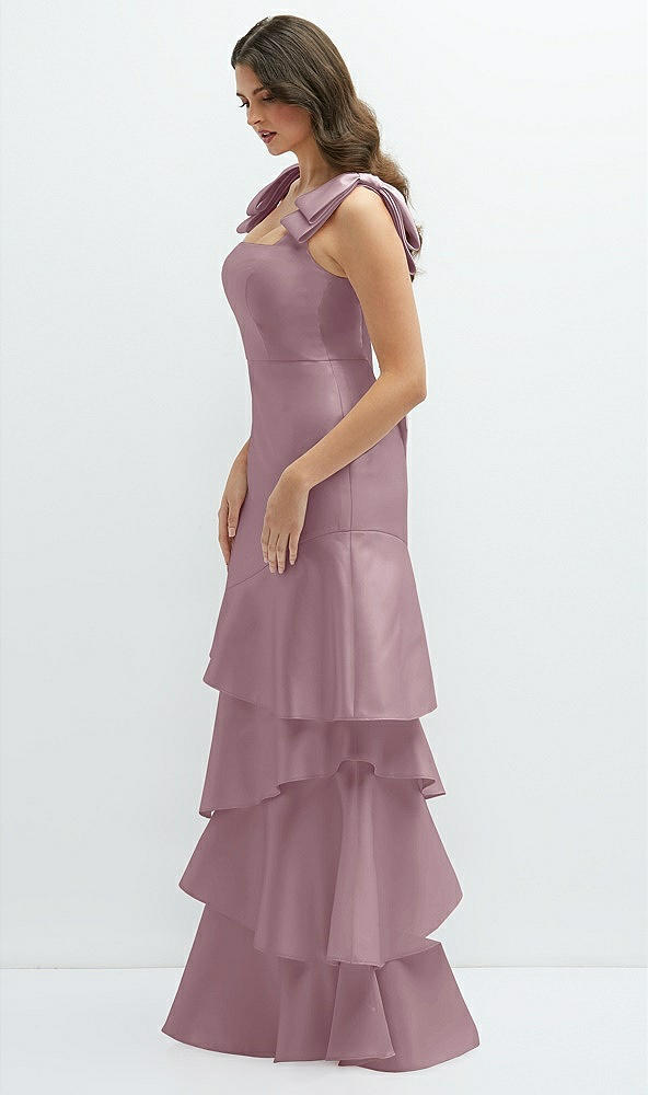 Front View - Dusty Rose Bow-Shoulder Satin Maxi Dress with Asymmetrical Tiered Skirt