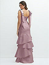 Rear View Thumbnail - Dusty Rose Bow-Shoulder Satin Maxi Dress with Asymmetrical Tiered Skirt