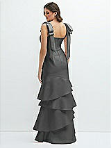 Rear View Thumbnail - Gunmetal Bow-Shoulder Satin Maxi Dress with Asymmetrical Tiered Skirt